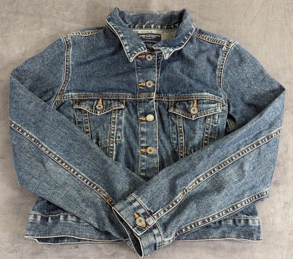 Vintage AMERICAN EAGLE Blue Dark Wash Denim Jean Type 3 Trucker Jacket Sz L